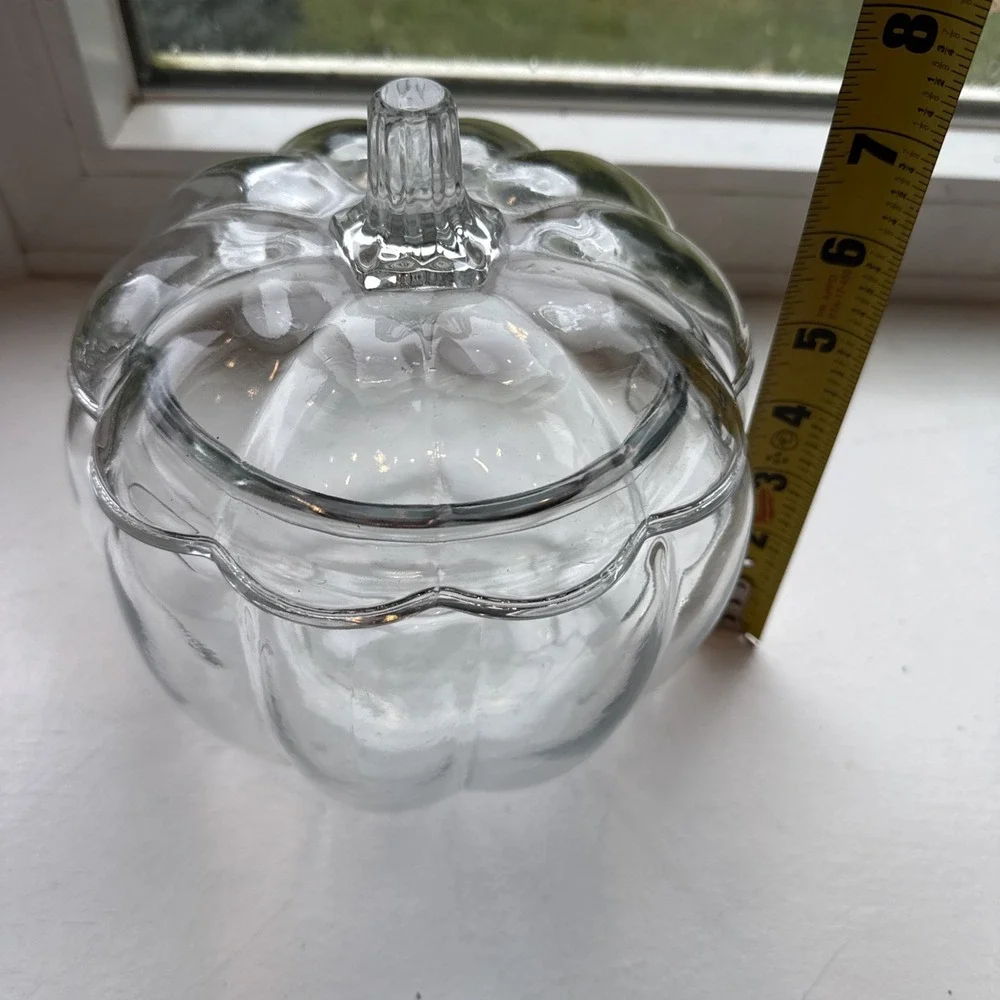 Anchor Hocking Vtg Clear Glass Pumpkin Shaped Jar Lid Cookie Candy Halloween 7.5